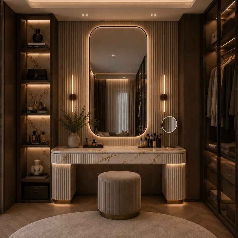 غرفة ملابس — تصميم رقم ١٩: خزائن وأدراج وإضاءة داخلية