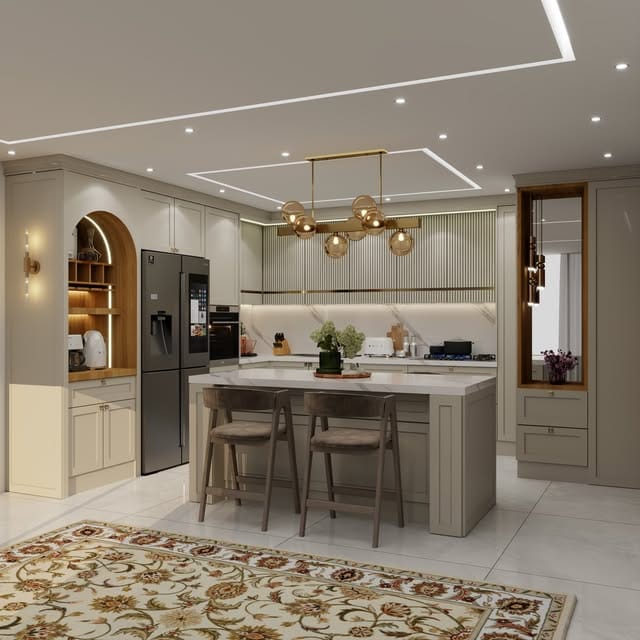 مطبخ — تصميم رقم ١٩: واجهات وخزائن وترتيب خط العمل
