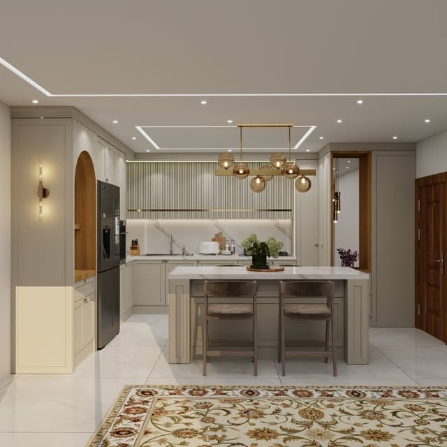 مطبخ — تصميم رقم ٢٠: واجهات وخزائن وترتيب خط العمل