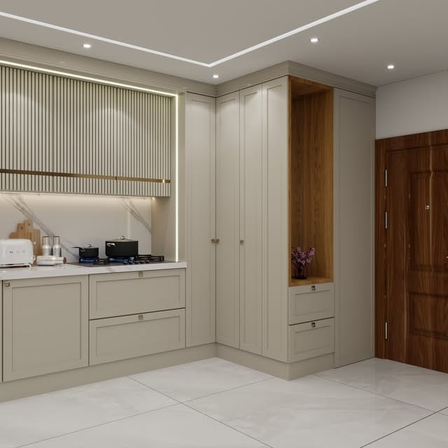 مطبخ — تصميم رقم ٢٥: واجهات وخزائن وترتيب خط العمل