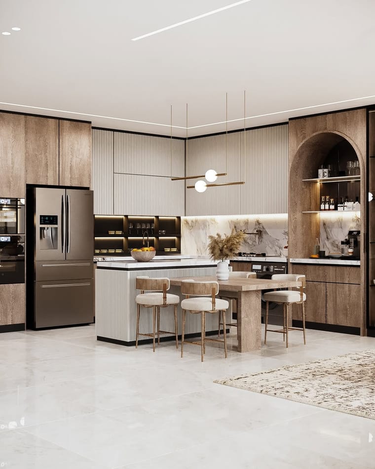 مطبخ — تصميم رقم ٤١: واجهات وخزائن وترتيب خط العمل