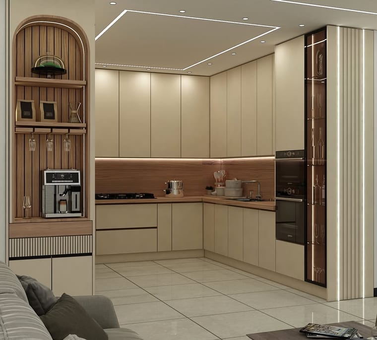 مطبخ — تصميم رقم ٦١: واجهات وخزائن وترتيب خط العمل