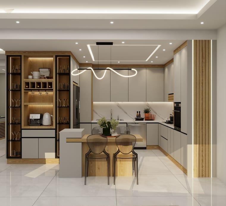 مطبخ — تصميم رقم ٧٨: واجهات وخزائن وترتيب خط العمل