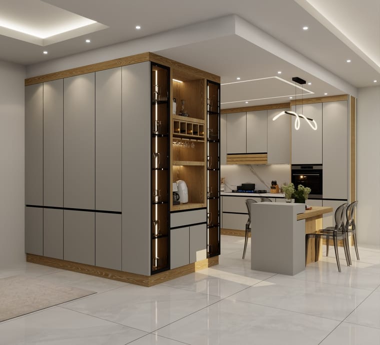 مطبخ — تصميم رقم ٨١: واجهات وخزائن وترتيب خط العمل
