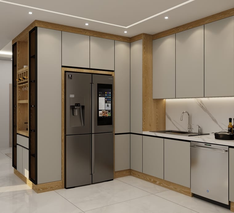 مطبخ — تصميم رقم ٨٧: واجهات وخزائن وترتيب خط العمل